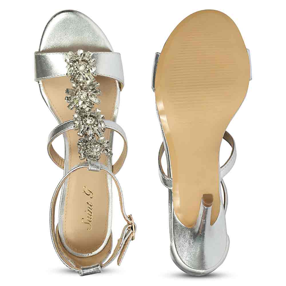 Saint Sydney Crystal Stone Metallic Silver Leather Stilettos - Image 7