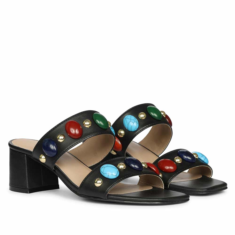 Saint Tahni Multi Stone Black Leather Block Heels - Image 2