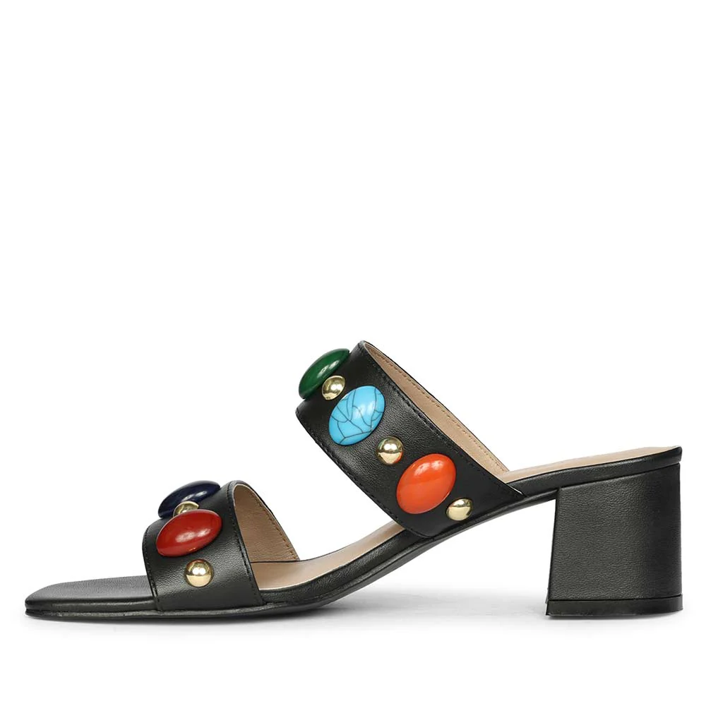 Saint Tahni Multi Stone Black Leather Block Heels - Image 3