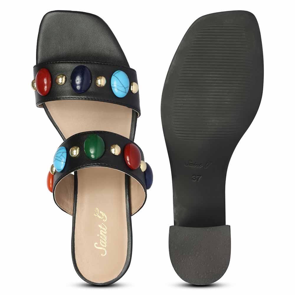 Saint Tahni Multi Stone Black Leather Block Heels - Image 6