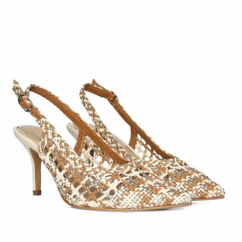 Saint Tamia Tan & Gold Hand Woven Leather Pumps - Image 2