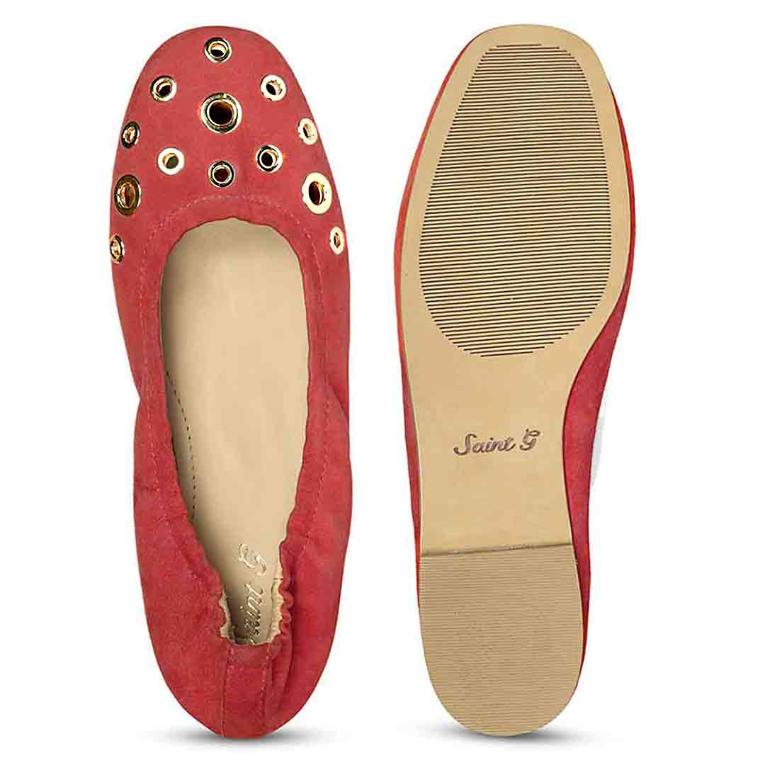 Saint Tesslyn Red Suede Eyelet Embellished Ballerinas - Image 6
