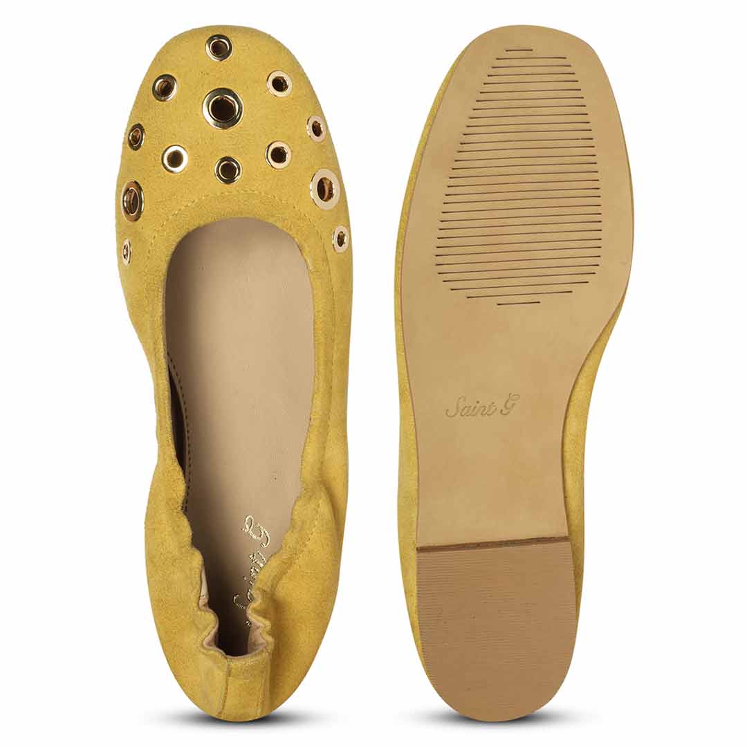 Saint Tesslyn Yellow Suede Eyelet Embellished Ballerinas - Image 6