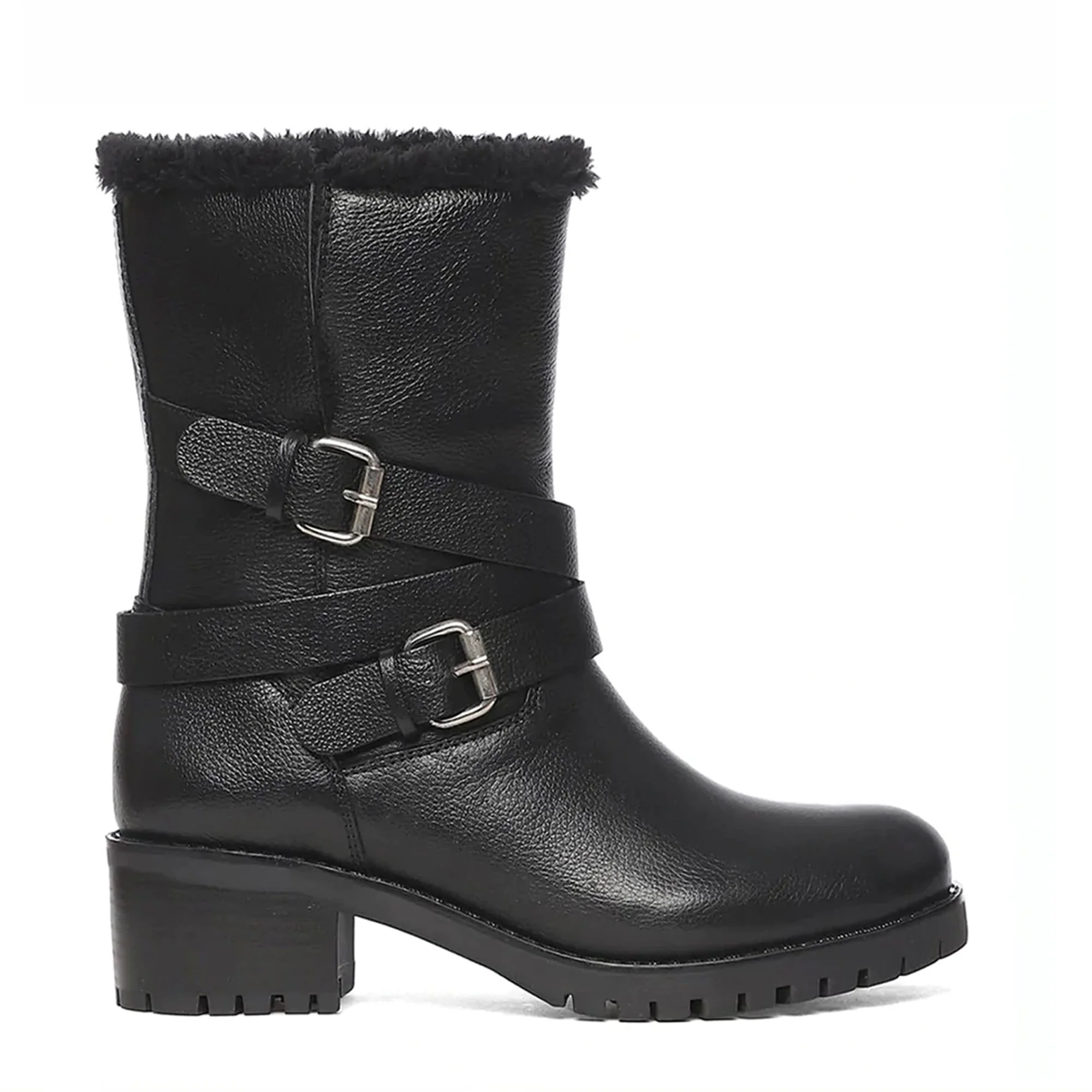 Saint Theresa Buckle Decorative High Ankle Black Leather Boots - Image 3