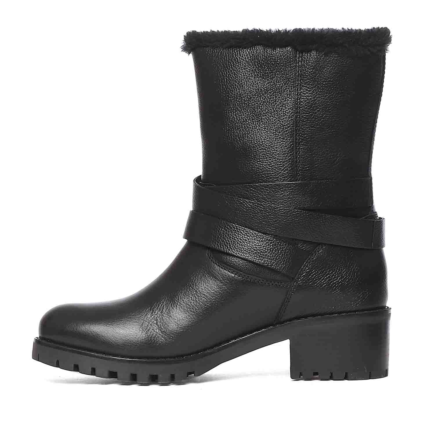 Saint Theresa Buckle Decorative High Ankle Black Leather Boots - Image 4