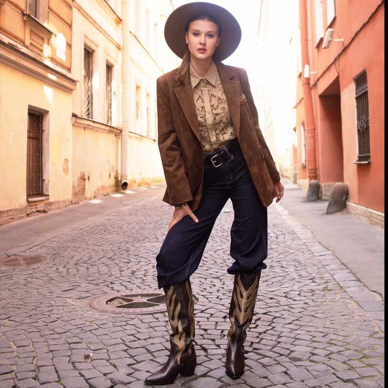 Saint Tiziana Hand Embroidered Brown Leather Cowboy Boots - Image 2