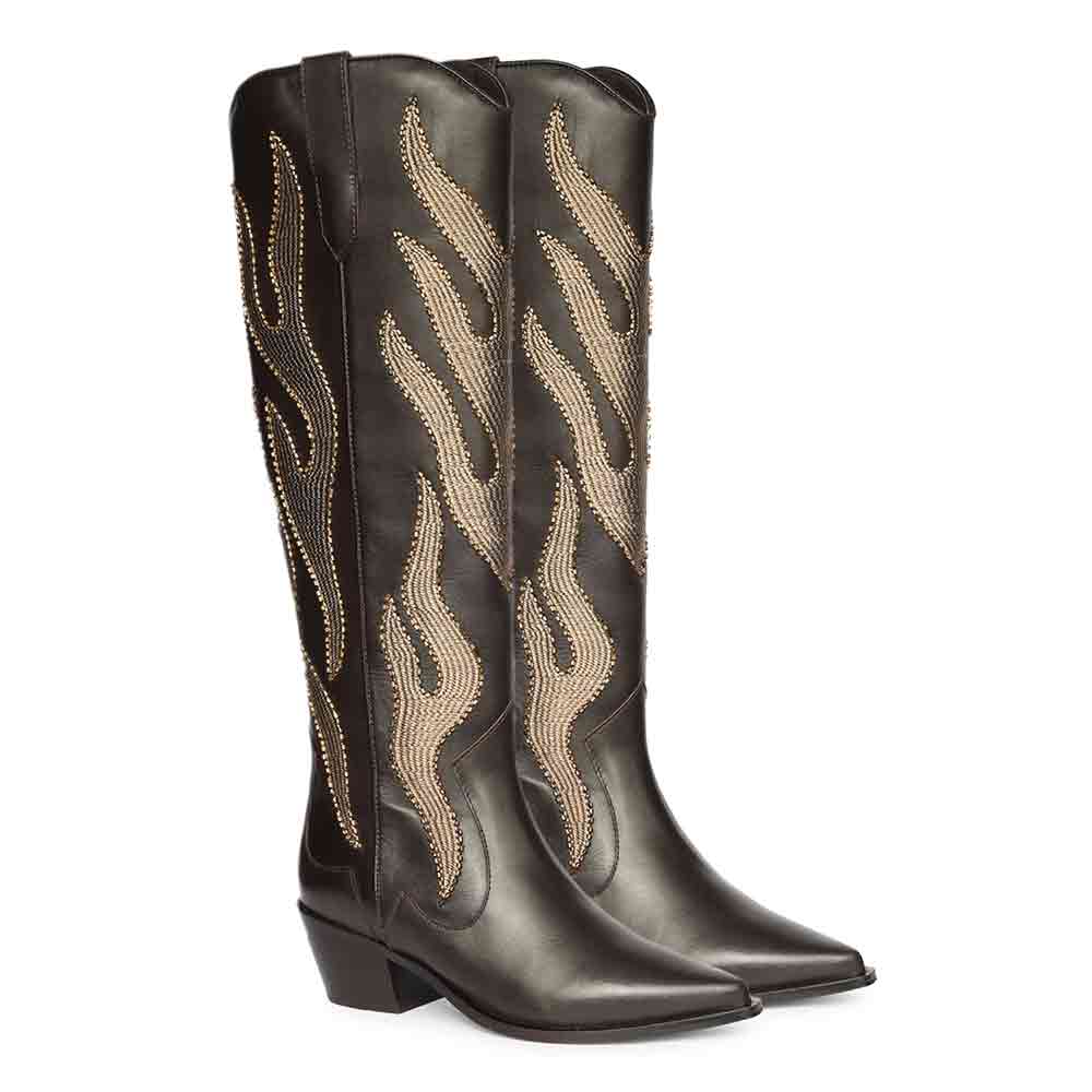 Saint Tiziana Hand Embroidered Brown Leather Cowboy Boots - Image 3