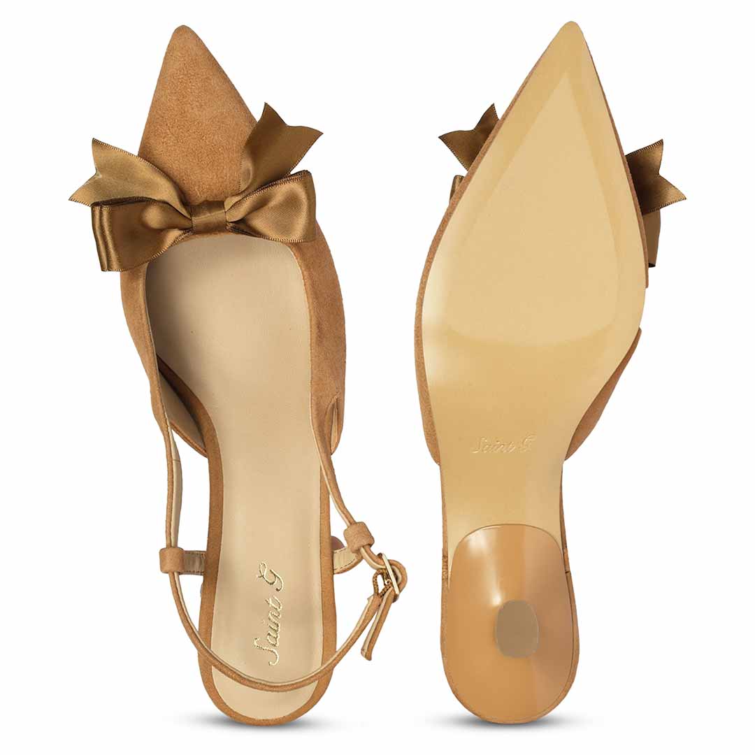 Saint Toria Bow Tan Leather Sling Back Pumps - Image 6