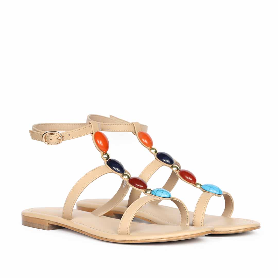 Saint Tyas Multi Stone Beige Leather Sandals - Image 3