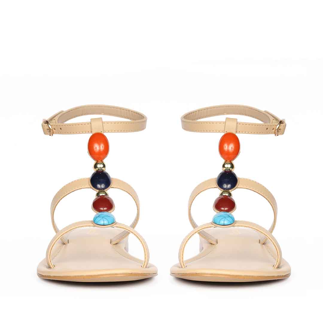 Saint Tyas Multi Stone Beige Leather Sandals - Image 4