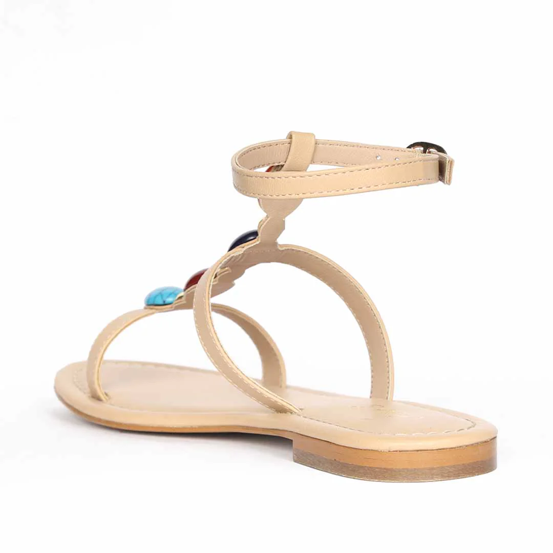 Saint Tyas Multi Stone Beige Leather Sandals - Image 6