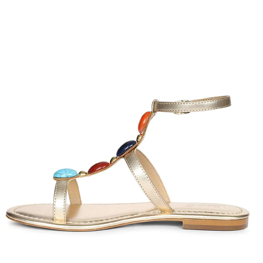 Saint Tyas Multi Stone Gold Metallic Leather Sandals - Image 3