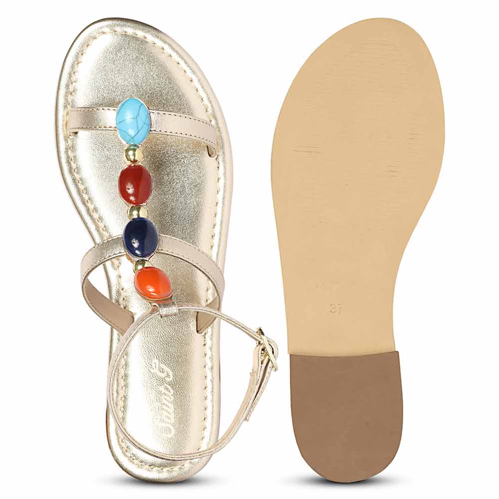 Saint Tyas Multi Stone Gold Metallic Leather Sandals - Image 6