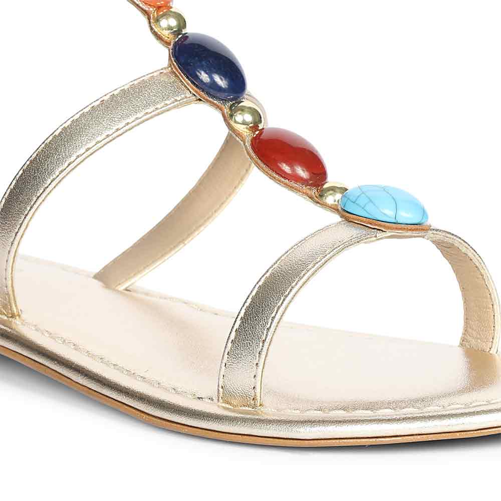 Saint Tyas Multi Stone Gold Metallic Leather Sandals - Image 7