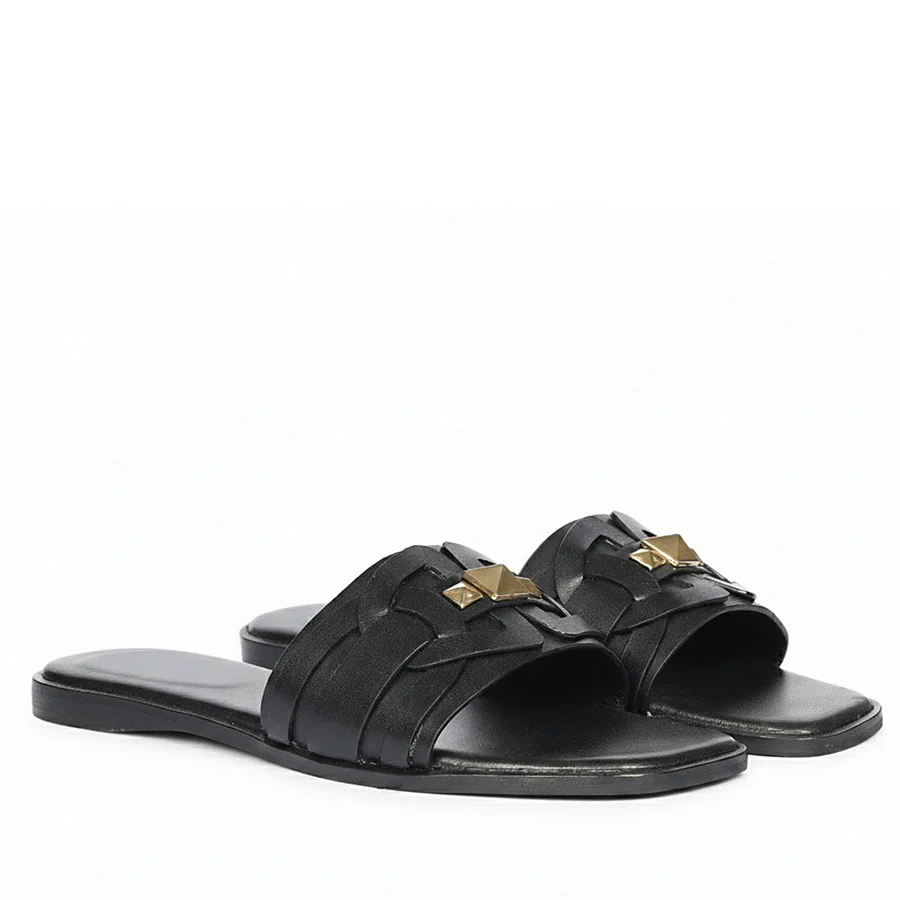 Saint Tyla Black Leather Pyramid Stud Slides - Image 2