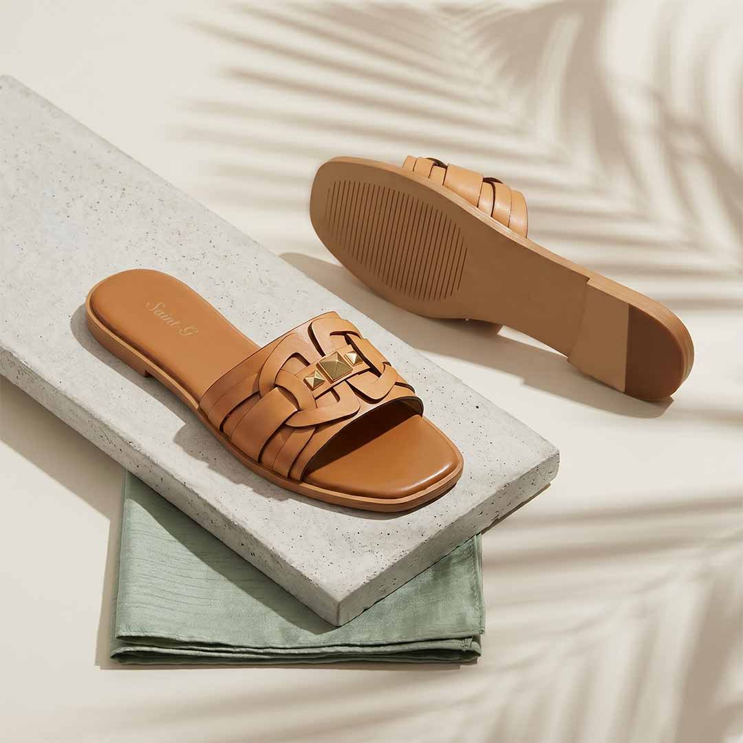 Saint Tyla Tan Leather Pyramid Stud Slides - Image 2