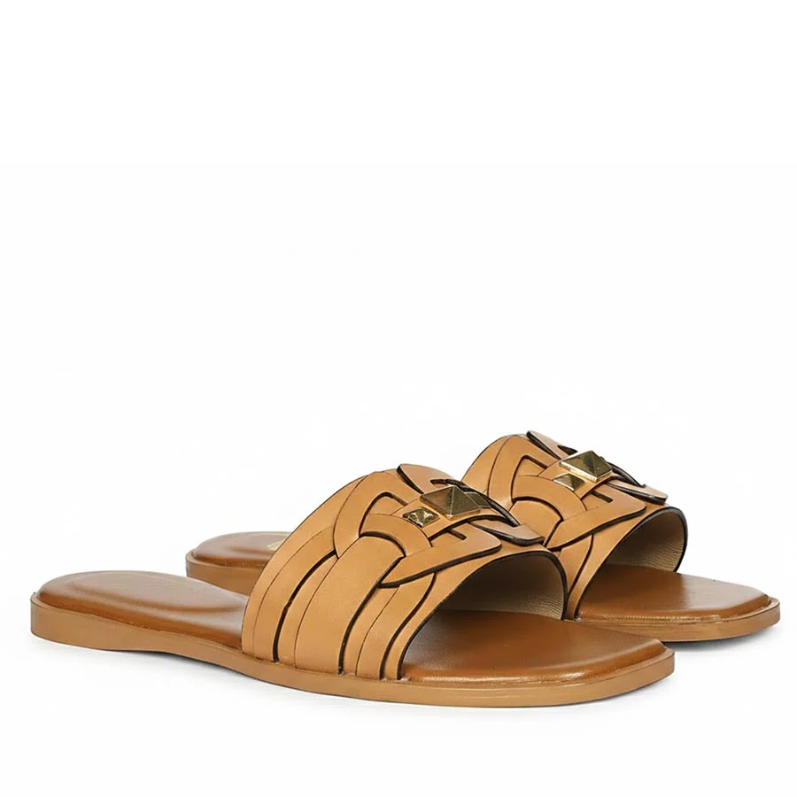 Saint Tyla Tan Leather Pyramid Stud Slides - Image 3