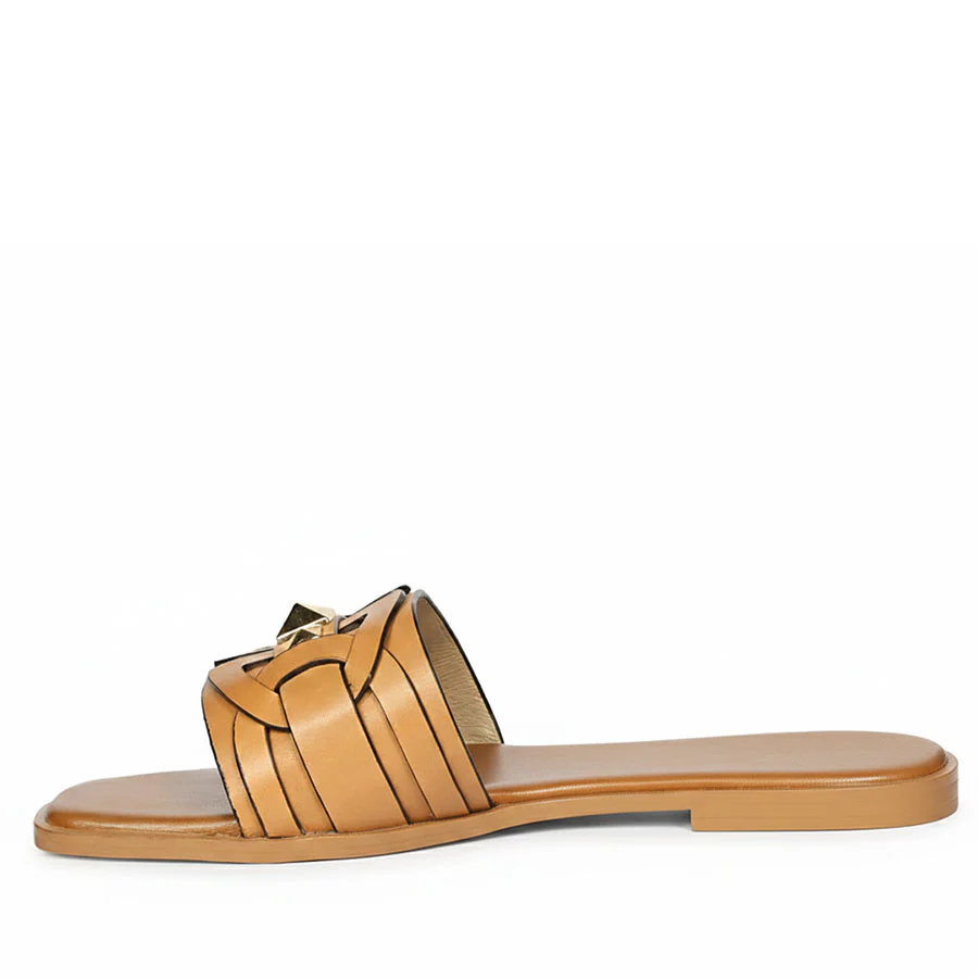 Saint Tyla Tan Leather Pyramid Stud Slides - Image 4