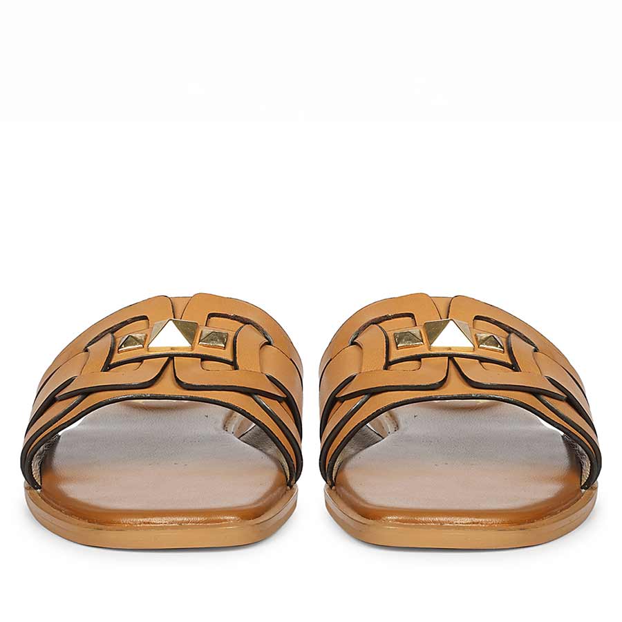 Saint Tyla Tan Leather Pyramid Stud Slides - Image 5