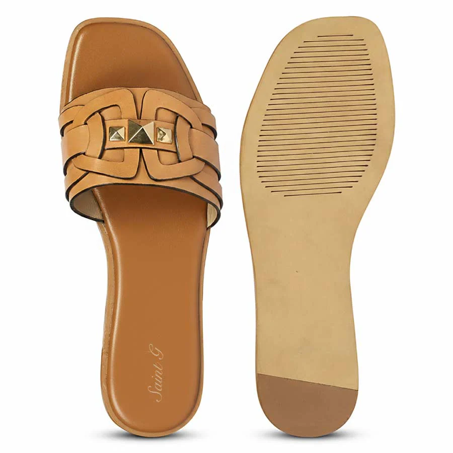 Saint Tyla Tan Leather Pyramid Stud Slides - Image 7