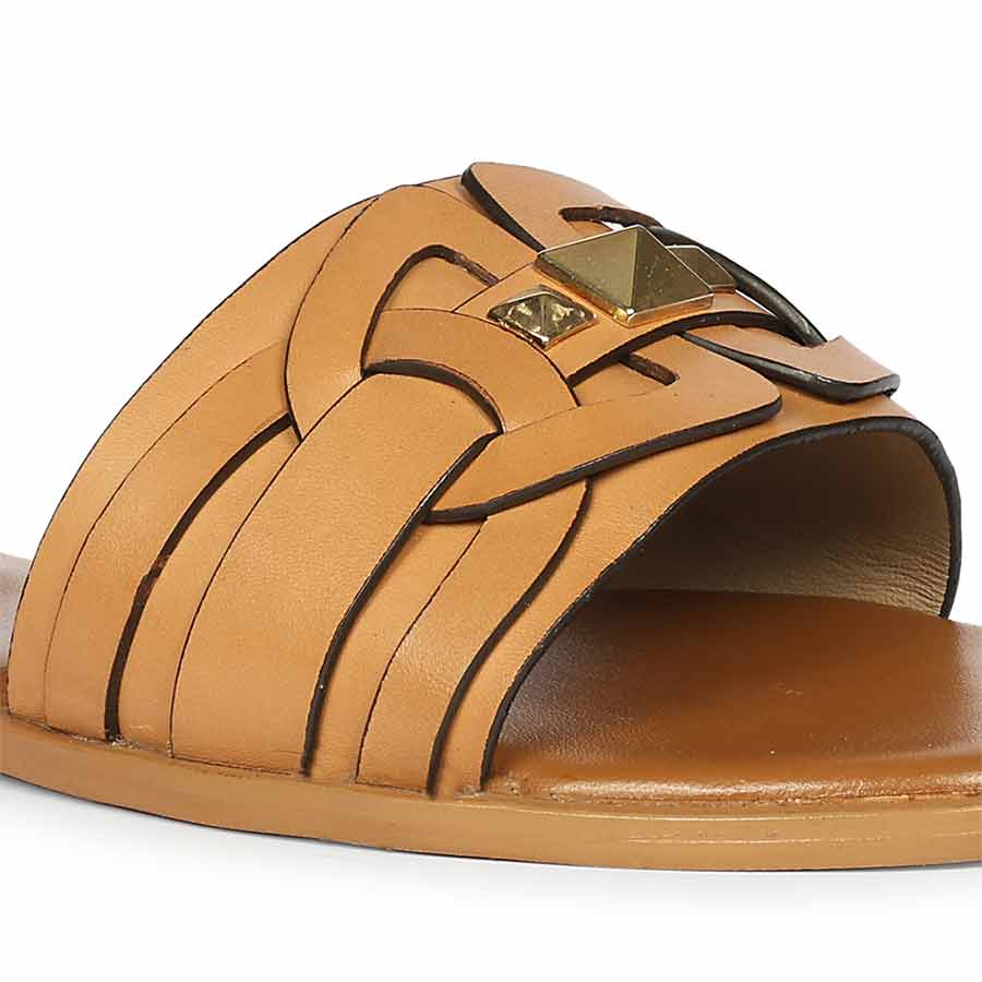 Saint Tyla Tan Leather Pyramid Stud Slides - Image 8