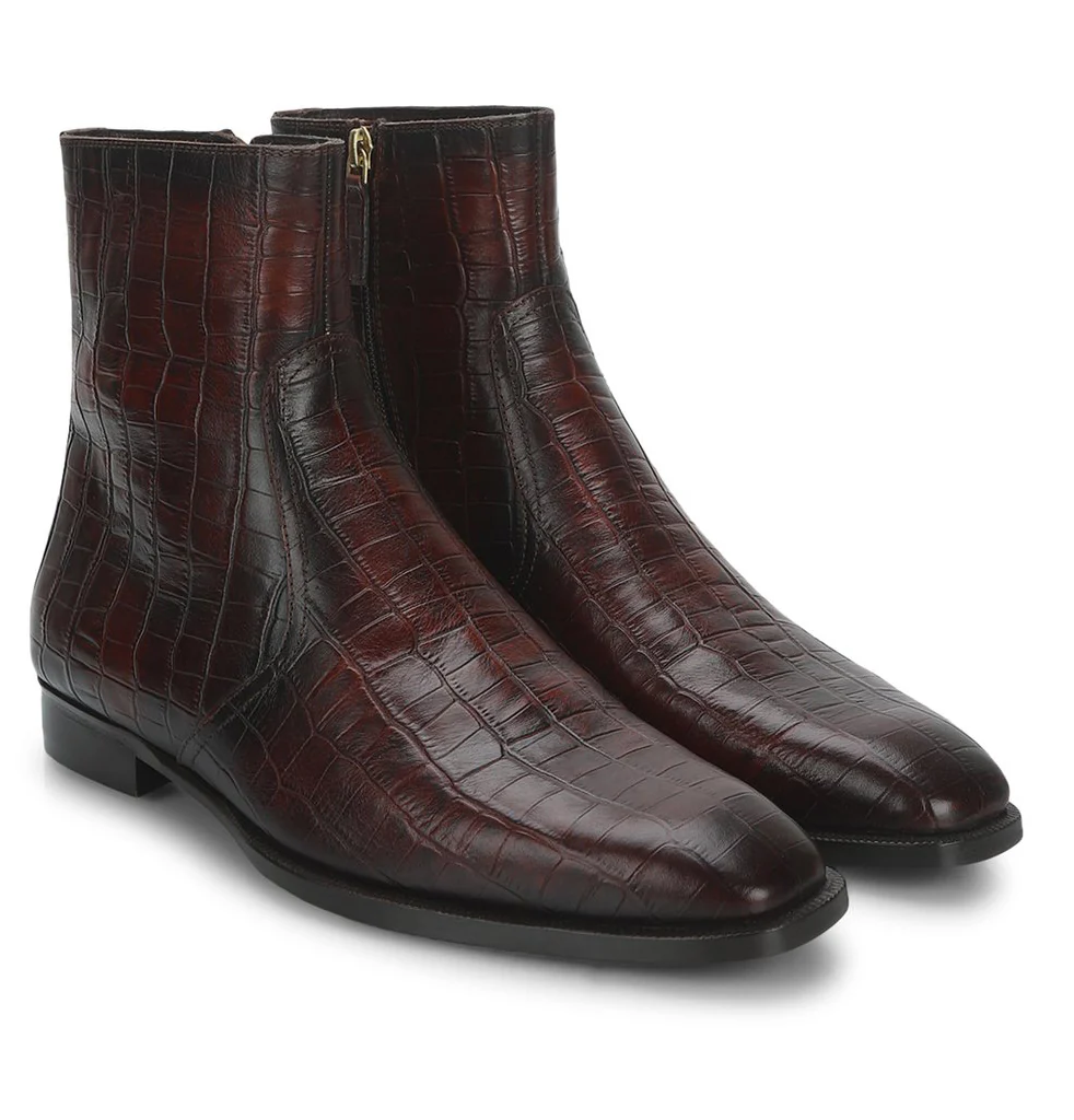 Saint Umberto Brown Croc Embossed Leather High Ankle Boots - Image 3