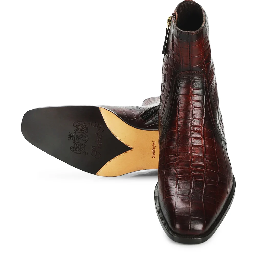 Saint Umberto Brown Croc Embossed Leather High Ankle Boots - Image 4