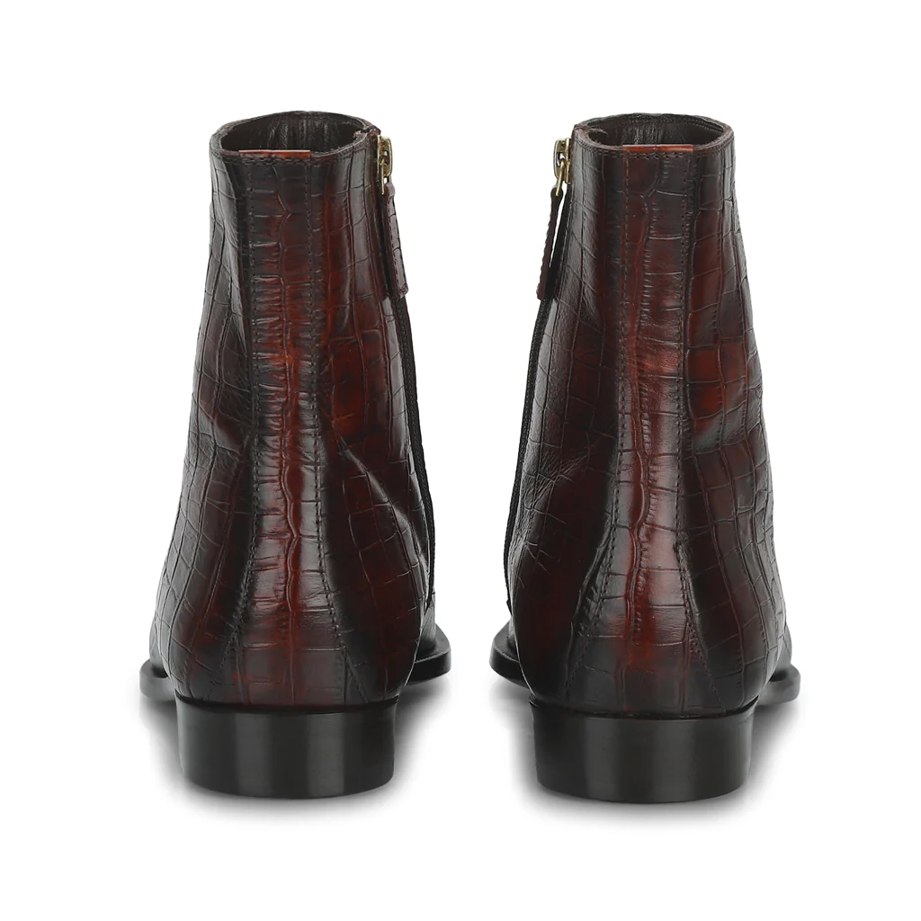 Saint Umberto Brown Croc Embossed Leather High Ankle Boots - Image 5