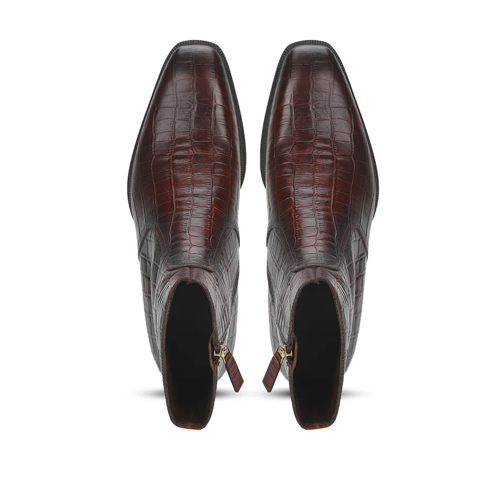 Saint Umberto Brown Croc Embossed Leather High Ankle Boots - Image 6