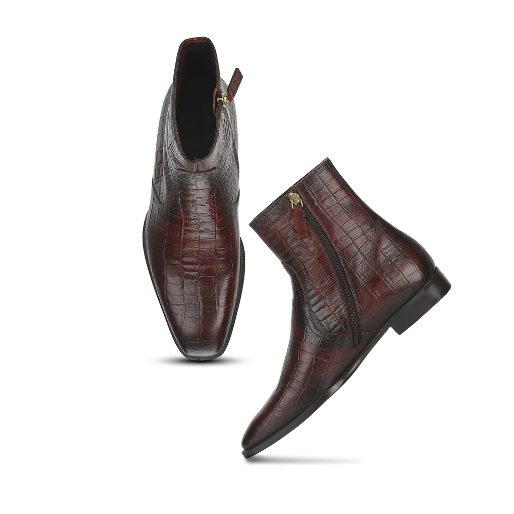 Saint Umberto Brown Croc Embossed Leather High Ankle Boots - Image 7