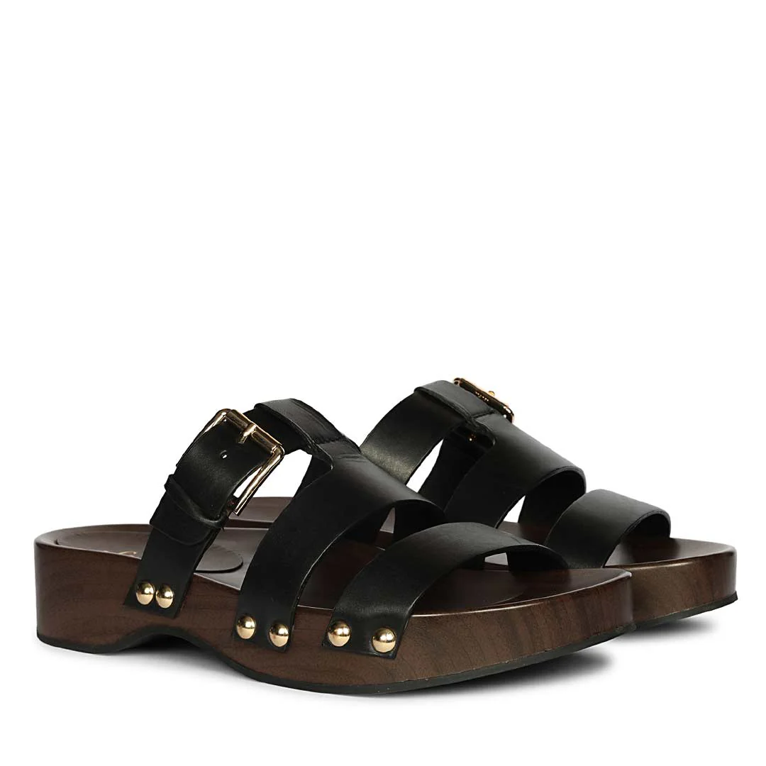 Saint Valene Buckle Black Leather Platform Sandals - Image 2
