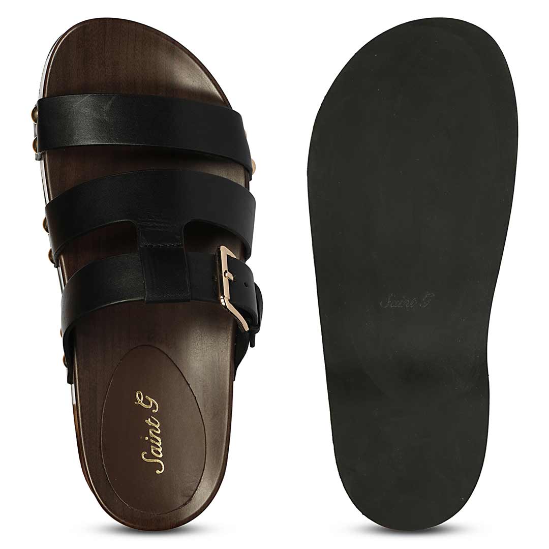 Saint Valene Buckle Black Leather Platform Sandals - Image 6