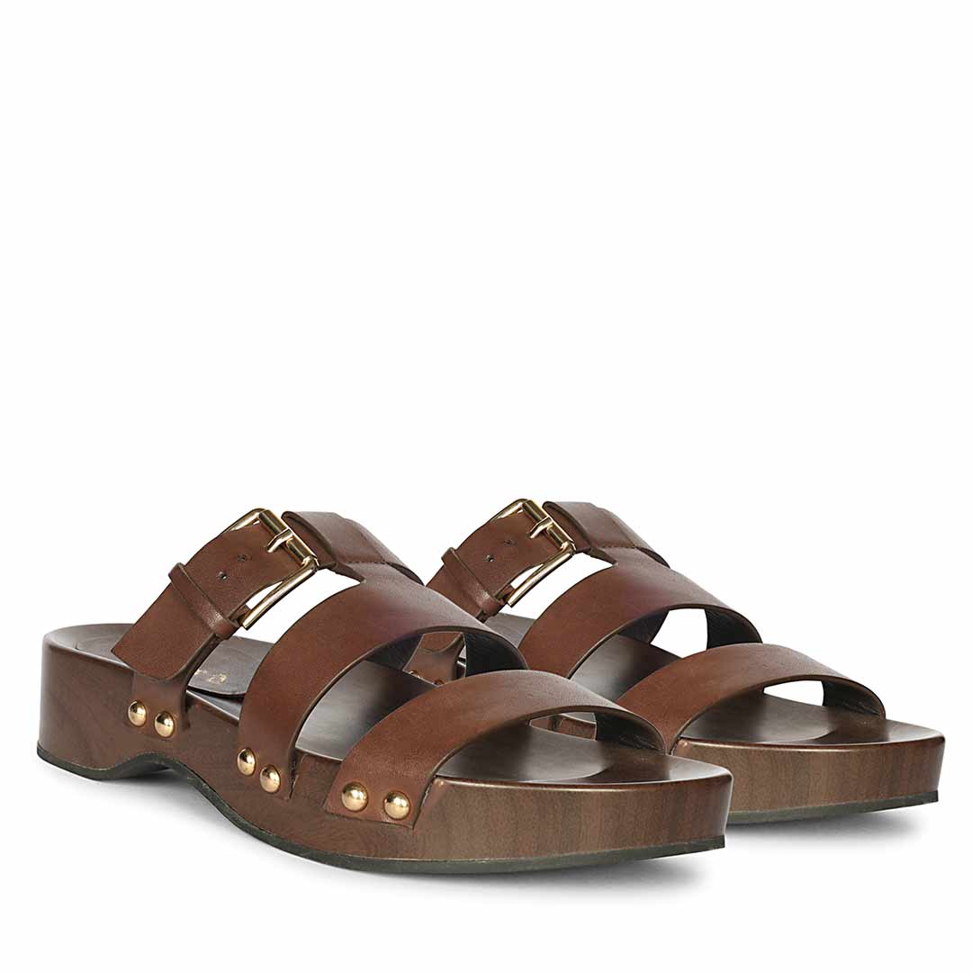 Saint Valene Buckle Brown Leather Platform Sandals - Image 3