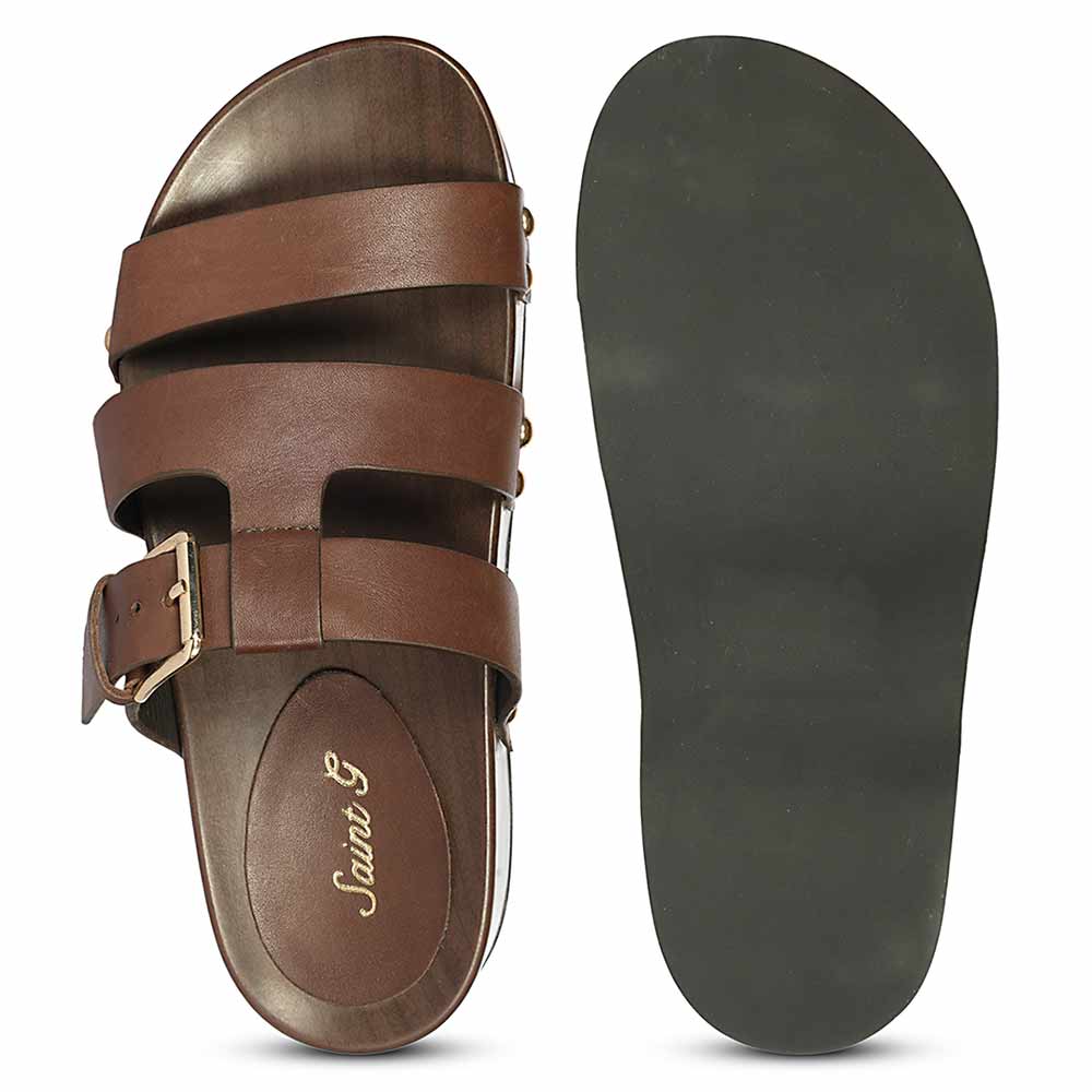 Saint Valene Buckle Brown Leather Platform Sandals - Image 7
