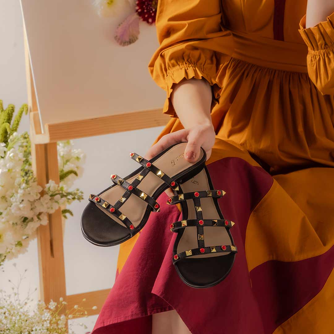 Saint Valene Studded Black Leather Flats - Image 2