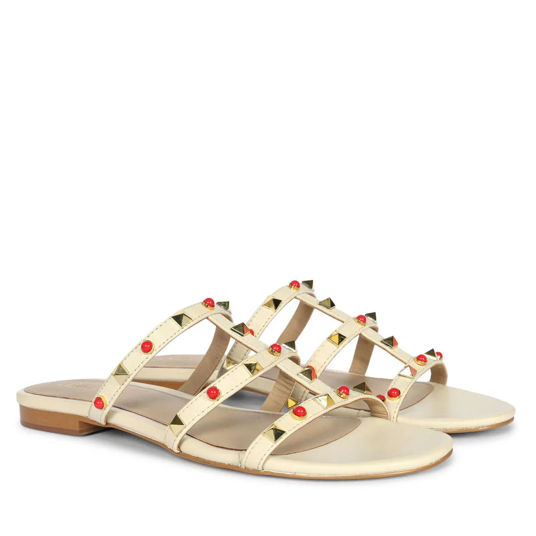 Saint Valene Studded  Off-White Leather Flats - Image 3