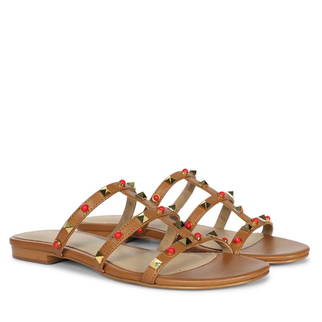 Saint Valene Studded Tan Leather Flats - Image 2