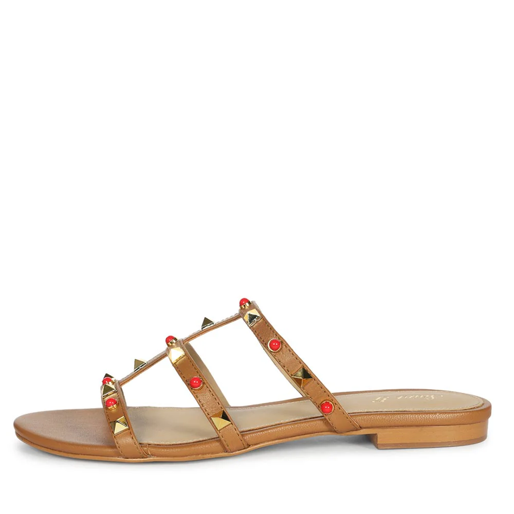 Saint Valene Studded Tan Leather Flats - Image 3
