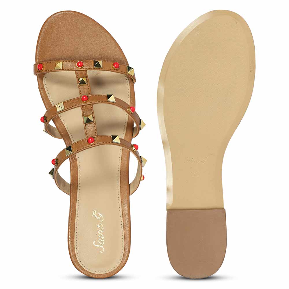Saint Valene Studded Tan Leather Flats - Image 6