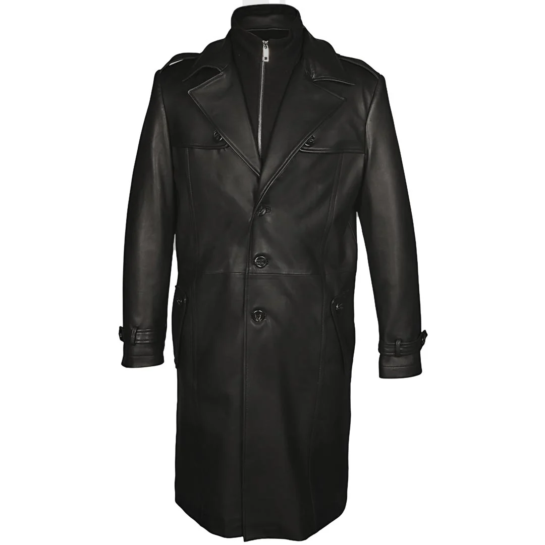 Saint Valente Full-Length Black Leather Trench Coat For Men - Image 2