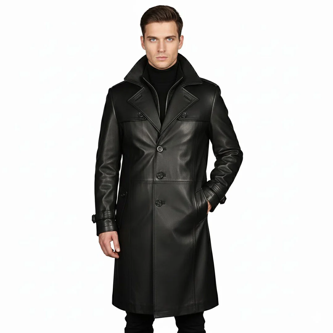 Saint Valente Full-Length Black Leather Trench Coat For Men - Image 3