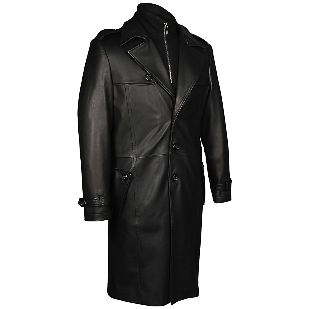 Saint Valente Full-Length Black Leather Trench Coat For Men - Image 4