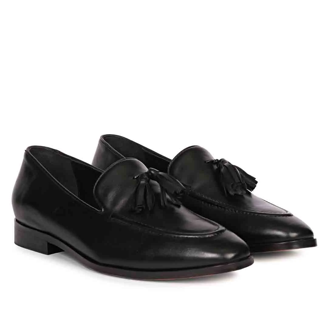 Saint Valentin Black Crust Leather Tassel Moccasins - Image 2
