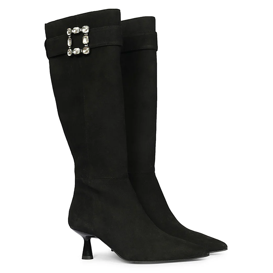 Saint Valeria Crystal Buckle Black Suede Leather Long Boots - Image 3