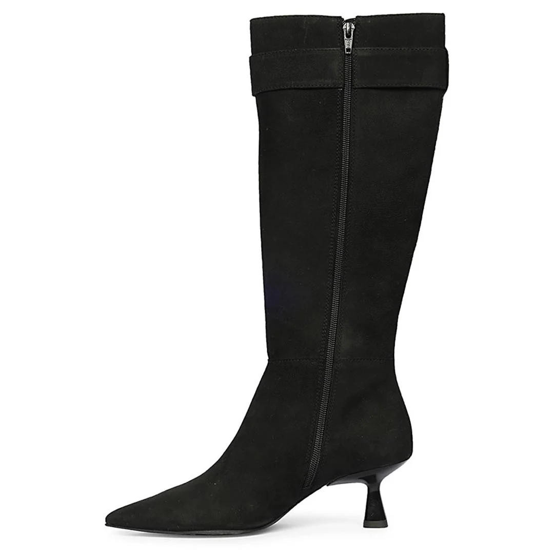 Saint Valeria Crystal Buckle Black Suede Leather Long Boots - Image 4