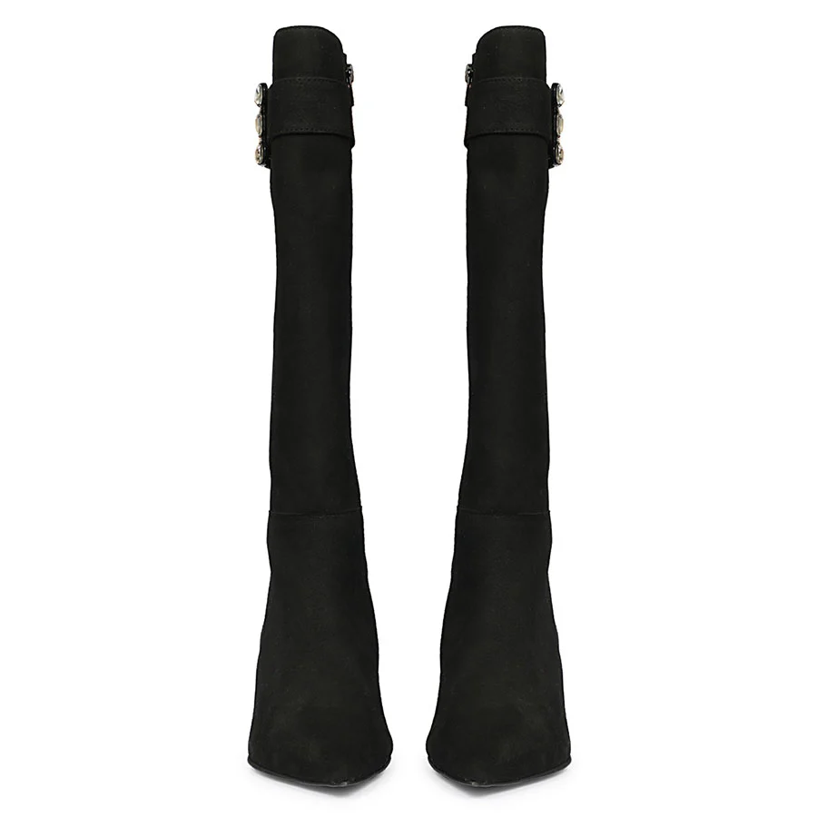 Saint Valeria Crystal Buckle Black Suede Leather Long Boots - Image 5