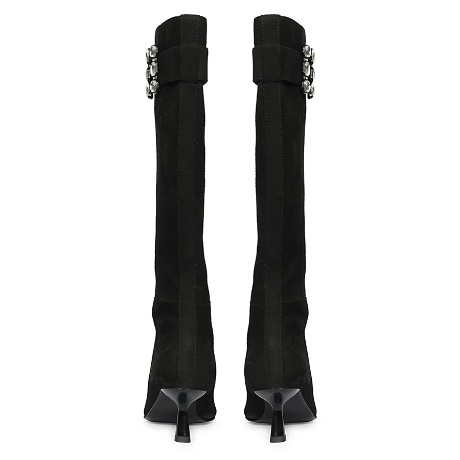 Saint Valeria Crystal Buckle Black Suede Leather Long Boots - Image 6