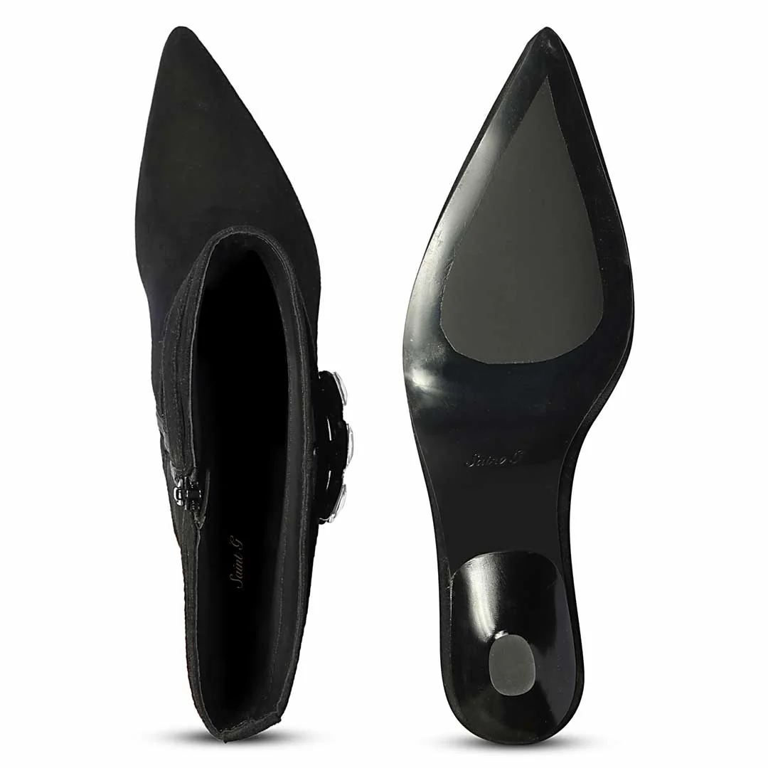 Saint Valeria Crystal Buckle Black Suede Leather Long Boots - Image 7