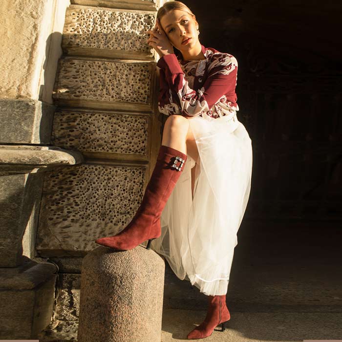 Saint Valeria Crystal Buckle Bordo Suede Leather Long Boots - Image 2