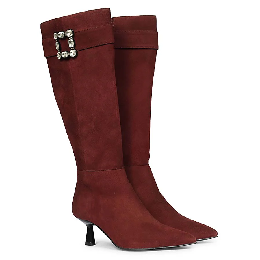 Saint Valeria Crystal Buckle Bordo Suede Leather Long Boots - Image 3